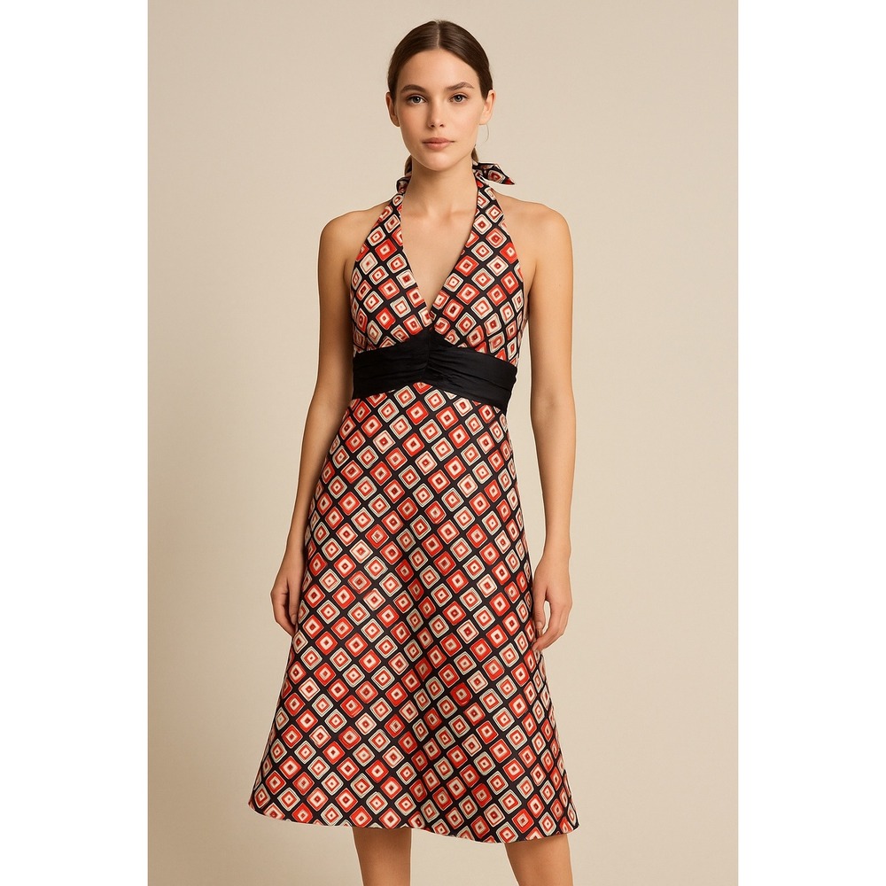 Geometric Halter Dress Black Red White‎ Ruched Waist Midi
